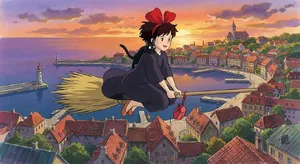 A young witch flying on a broomstick above a coastal town at sunset. Exact art style of 'Kiki's Delivery Service' by Studio Ghibli, with Miyazaki's character design and warm colors. - Google Nano Banana Pro