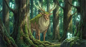 A forest spirit standing among tall trees. Replicate the artistic style of 'Princess Mononoke' by Studio Ghibli, with Miyazaki's detailed environments and mystical creature design. - Google Nano Banana Pro