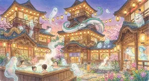 An enchanted bathhouse with glowing lanterns and spirits. Recreate the visual style of 'Spirited Away' by Studio Ghibli, with Miyazaki's ornate architecture and magical atmosphere. - Google Nano Banana Pro
