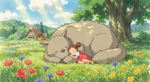 A girl and a giant fluffy creature napping in a wildflower meadow. Reproduce the art style of 'My Neighbor Totoro' by Studio Ghibli, with Miyazaki's soft character designs. - Google Nano Banana Pro