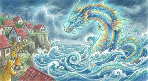 A sea creature rising from a stormy ocean near a village. Replicate the visual style of 'Ponyo' by Studio Ghibli, with Miyazaki's fluid water animations and vibrant creatures. - Google Nano Banana Pro