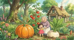 A child and elder tending oversized vegetables in a garden. Reproduce the artistic style of Studio Ghibli, with their distinctive character proportions and detailed plant illustrations. - Google Nano Banana Pro