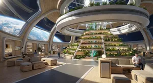 Interior of a futuristic space habitat with hydroponics gardens, communal areas, and living quarters. Show curved walls, artificial gravity considerations, and multipurpose furniture designs. - Google Nano Banana Pro