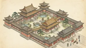 Isometric architectural illustration of an ancient Chinese temple complex showing multiple pavilions, gardens, and ceremonial spaces. Include proper roof structures and traditional ornamentation. - Google Nano Banana Pro