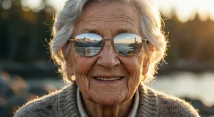 A ultra high-resolution portrait of an elderly woman with silver hair and bifocal glasses, each lens reflecting a distant landscape, captured in warm late-afternoon sunlight - Google Nano Banana Pro