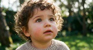A hyper-realistic photo of a toddler with curly hair and big eyes, looking upward. - Google Nano Banana Pro
