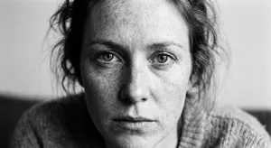 A black and white close-up portrait of a freckled woman with an intense gaze. - Google Nano Banana Pro