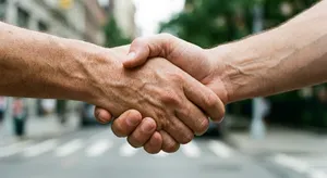 A close-up of two people shaking hands, both hands fully visible with five fingers each, in sharp focus against a blurred background. - Google Nano Banana Pro