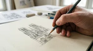 A hand drawing a sketch on paper with a pencil, the hand and pencil tip in clear focus. - Google Nano Banana Pro