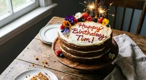 A birthday cake with icing that spells 
