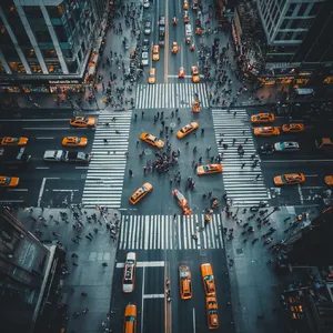 A busy city intersection with cars, pedestrians, and street performers all in one frame. - Midjourney Midjourney V6.1