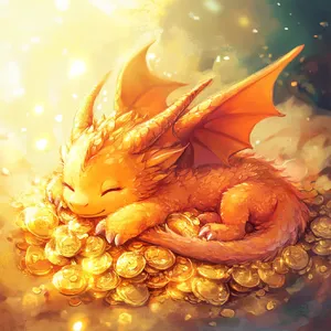 A cute chibi-style dragon sleeping on a pile of gold. - Midjourney Midjourney V6.1
