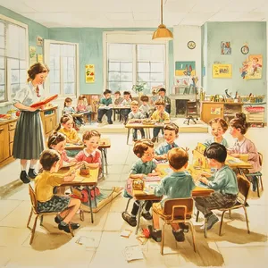 A school classroom of children and a teacher, each student engaged in a different activity. - Midjourney Midjourney V6.1