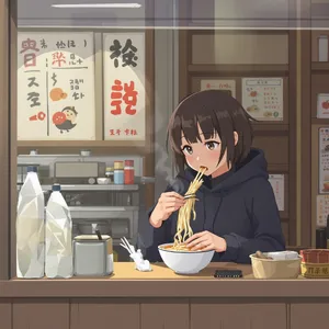 An anime scene of a character eating ramen at a small shop counter (slice-of-life style). - Black Forest Labs Flux 1.1 Pro Ultra