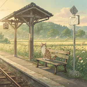 A countryside train station with a cat waiting on a bench. Rendered in Studio Ghibli animation style with Miyazaki's watercolor backgrounds and hand-drawn quality. - Black Forest Labs FLUX.2 Max