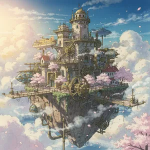 A floating steampunk castle in the sky with intricate mechanical gears and cherry blossom trees, illustrated in Hayao Miyazaki's Castle in the Sky (1986) art style with watercolor textures and detailed line work. - Black Forest Labs FLUX.2 Max