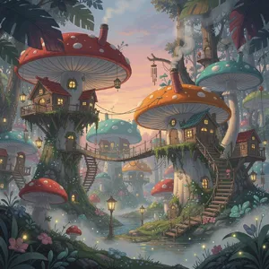 A forest of giant mushrooms with houses built on top of them, rendered in a whimsical Studio Ghibli-inspired art style with vibrant colors and fantastical details. - Black Forest Labs FLUX.2 Max