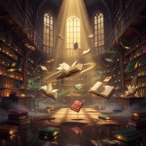 A library where the books are glowing and floating in mid-air, illustrated in a magical realism style with dramatic lighting and rich atmospheric colors. - Black Forest Labs FLUX.2 Max