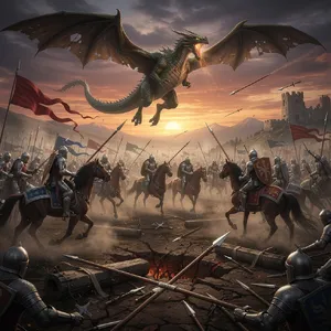 A medieval battlefield with knights on horseback and a dragon flying overhead. - Black Forest Labs FLUX.2 Max