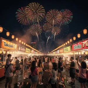 A nighttime festival with fireworks in the sky, food stalls lined up, and crowds mingling. - Black Forest Labs FLUX.2 Max