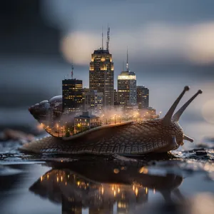 A snail whose shell contains a miniature city skyline, depicted in a hyperrealistic macro photography style with intricate architectural details and ambient lighting. - Black Forest Labs FLUX.2 Max