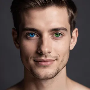 A studio headshot of a young man with one blue eye and one green eye (heterochromia). - Black Forest Labs FLUX.2 Max