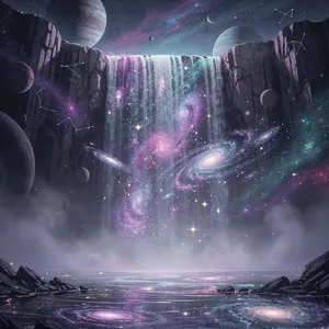 A waterfall that pours out stars and galaxies instead of water, illustrated in a cosmic fantasy style with vibrant space colors and dramatic lighting effects. - Black Forest Labs FLUX.2 Max
