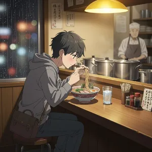 An anime scene of a character eating ramen at a small shop counter (slice-of-life style). - Black Forest Labs FLUX.2 Max