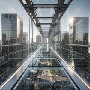 Photorealistic rendering of a contemporary glass skybridge between two skyscrapers, seen from inside with city views visible through glass walls and floor. Show accurate reflections and structural details. - Black Forest Labs FLUX.2 Max