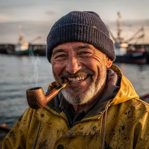 A 4K photo of an old fisherman with a weathered face and a pipe, grinning. - Black Forest Labs Flux 2 Pro