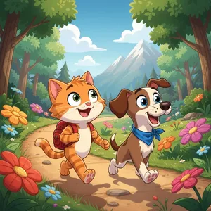 A cartoon of a cat and a dog on an adventure, drawn in a colorful 2D style. - Black Forest Labs Flux 2 Pro