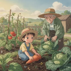 A child and elder tending oversized vegetables in a garden. Reproduce the artistic style of Studio Ghibli, with their distinctive character proportions and detailed plant illustrations. - Black Forest Labs Flux 2 Pro