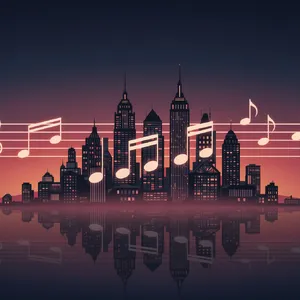 A city skyline that forms the shape of musical notes on a staff, created in a stylized graphic design aesthetic with clean architectural lines and dramatic twilight colors. - Black Forest Labs Flux 2 Pro