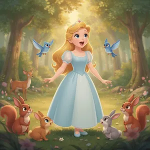 A classic Disney-like 2D cartoon princess singing with animals in a forest. - Black Forest Labs Flux 2 Pro