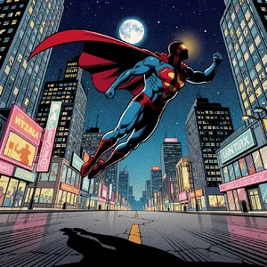 A comic-book style superhero flying over a city at night, with halftone shading. - Black Forest Labs Flux 2 Pro