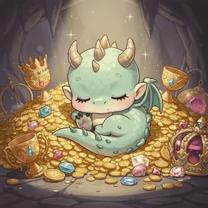 A cute chibi-style dragon sleeping on a pile of gold. - Black Forest Labs Flux 2 Pro