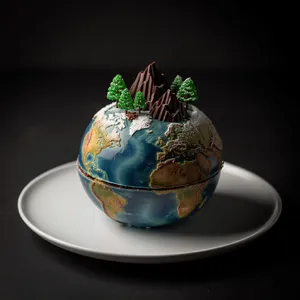 A dessert cake that looks like a tiny planet, complete with miniature trees and mountains, photographed in a professional food photography style with tilt-shift focus effect. - Black Forest Labs Flux 2 Pro