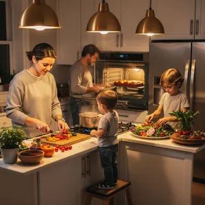 A family cooking together in a kitchen, each person busy with a different task. - Black Forest Labs Flux 2 Pro