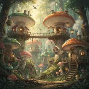 A forest of giant mushrooms with houses built on top of them, rendered in a whimsical Studio Ghibli-inspired art style with vibrant colors and fantastical details. - Black Forest Labs Flux 2 Pro