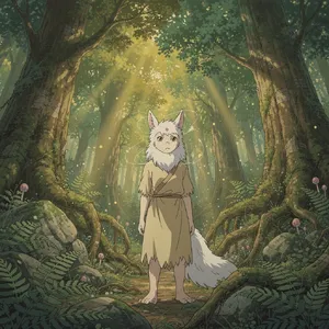 A forest spirit standing among tall trees. Replicate the artistic style of 'Princess Mononoke' by Studio Ghibli, with Miyazaki's detailed environments and mystical creature design. - Black Forest Labs Flux 2 Pro