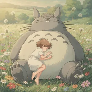 A girl and a giant fluffy creature napping in a wildflower meadow. Reproduce the art style of 'My Neighbor Totoro' by Studio Ghibli, with Miyazaki's soft character designs. - Black Forest Labs Flux 2 Pro