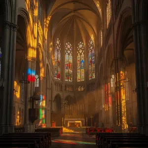 A Gothic cathedral interior at sunset with light streaming through detailed stained glass windows, creating colored patterns on stone floors and columns. Show accurate ribbed vaulting. - Black Forest Labs Flux 2 Pro
