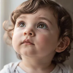 A hyper-realistic photo of a toddler with curly hair and big eyes, looking upward. - Black Forest Labs Flux 2 Pro