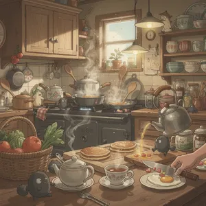 A kitchen with magical cooking implements preparing breakfast. Duplicate the artistic style of Studio Ghibli's domestic scenes, with Miyazaki's detailed settings and warm lighting. - Black Forest Labs Flux 2 Pro