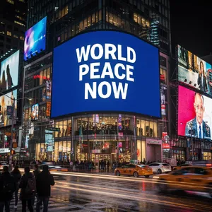 A large storefront billboard at Times Square displaying the slogan “WORLD PEACE NOW” in bold, clear letters, amidst a vibrant cityscape at night. - Black Forest Labs Flux 2 Pro