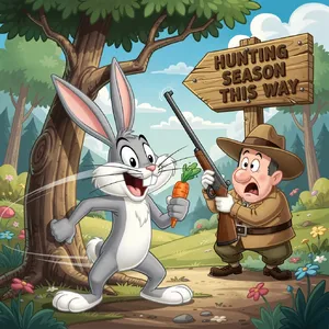 A Looney Tunes-inspired cartoon scene of a clever rabbit tricking a hunter. - Black Forest Labs Flux 2 Pro