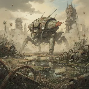 A mechanical creature in a polluted landscape. Capture the visual aesthetic of 'Nausicaä' by Studio Ghibli, with Miyazaki's mechanical designs and environmental contrast. - Black Forest Labs Flux 2 Pro