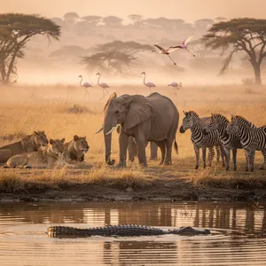 A misty dawn at an African savanna watering hole where elephants, lions, and zebras coexist in tense harmony, with a crocodile partially submerged in the foreground and flamingos taking flight in the background, golden hour lighting. - Black Forest Labs Flux 2 Pro
