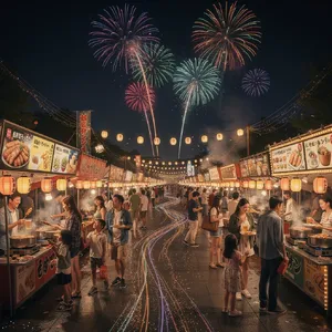 A nighttime festival with fireworks in the sky, food stalls lined up, and crowds mingling. - Black Forest Labs Flux 2 Pro