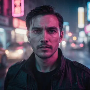 A nighttime portrait of a man lit by neon signs on a city street. - Black Forest Labs Flux 2 Pro